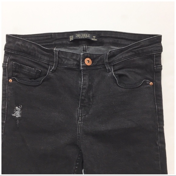 Zara Distressed Rip Skinny Ankle Zip Jeans Black - Picture 3 of 8